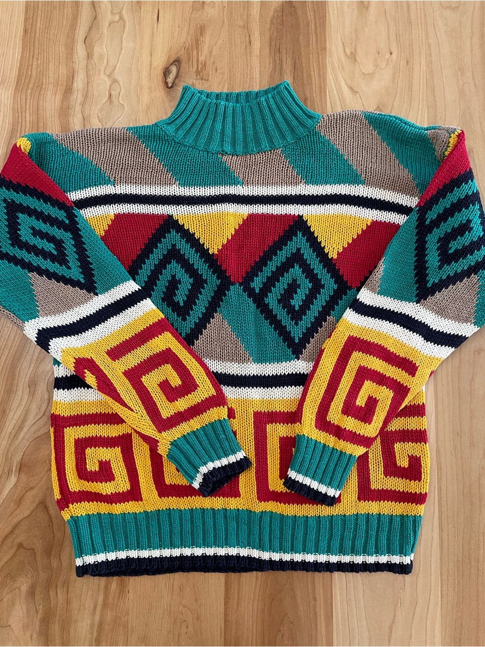 Vtg Sportables Small Cotton Ramie Colorful Mock Neck 80’s 90’s Sweater